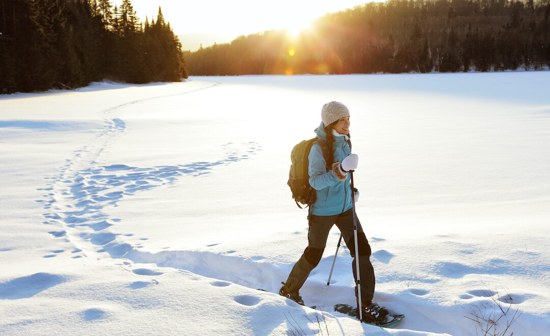 Winter hiking sport activity woman snowshoeing